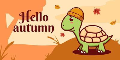 plantilla de banner de redes sociales de otoño dibujada a mano con ilustración de tortuga vector