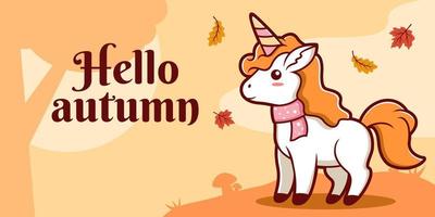 plantilla de banner de redes sociales de otoño dibujada a mano con ilustración de unicornio vector