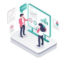 Concept illustration of isometric couple analyzing business data on board vector