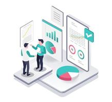 Isometric illustration concept of two men analyzing company business data vector