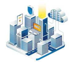 City building with computer server cloud security vector
