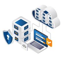 Technology security cloud server computer isometric illustration concept vector