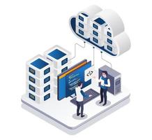 Isometric illustration concept discussion about cloud server technology vector