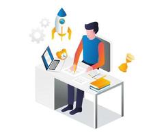 Man filling sheet of paper at work desk vector