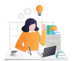 Girl is pointing at a light bulb at the study table vector