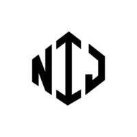 NIJ letter logo design with polygon shape. NIJ polygon and cube shape logo design. NIJ hexagon vector logo template white and black colors. NIJ monogram, business and real estate logo.