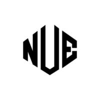 NUE letter logo design with polygon shape. NUE polygon and cube shape logo design. NUE hexagon vector logo template white and black colors. NUE monogram, business and real estate logo.
