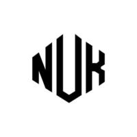 NUK letter logo design with polygon shape. NUK polygon and cube shape logo design. NUK hexagon vector logo template white and black colors. NUK monogram, business and real estate logo.