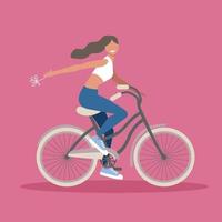 Funny smiling girl on a bicycle with a flower in her hand. Cute happy young woman on a bicycle. Flat cartoon vector illustration in trendy colors.