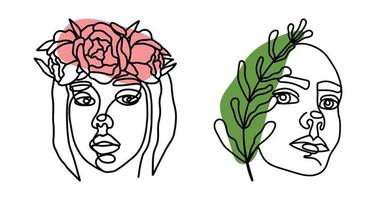 Set of continuous line art female faces with leaves and flowers. Minimalistic female portraits from lines in a trendy fashion style. For printing on t-shirts. vector