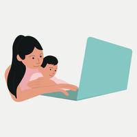 Successful business woman with little kid on work. Happy businesswoman working with newborn child. Flat cartoon vector illustration.