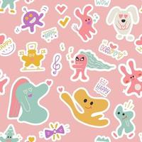 Vector seamless color hand drawn doodle pattern with different form animals and abstract elements. Vector texture in childish style great for fabric and textile, wallpaper, background.