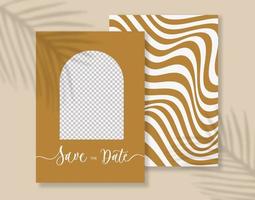 Modern Arch Save the Date card with wave background and place for photo. vector