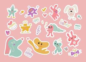 Set of hand drawn doodle sticker different form animals and abstract elements. Vector texture in childish style great for fabric and textile, wallpaper, background.