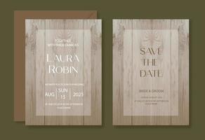 Wood wedding invitation template set with wood background for party, greeting card. vector