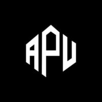 APU letter logo design with polygon shape. APU polygon and cube shape logo design. APU hexagon vector logo template white and black colors. APU monogram, business and real estate logo.