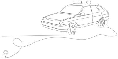 vector de icono de línea dibujo de línea continua de la línea de coche de policía desde la ruta de la oficina de oulis con punto de partida y sendero de una sola línea - ilustración vectorial. - vectores
