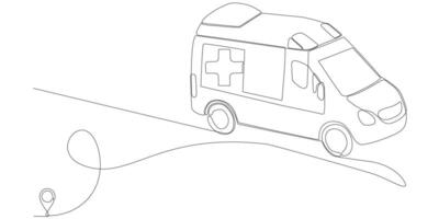 vector de icono de línea dibujo de línea continua de la línea de camión de ambulancia desde la ruta del hospital de oulis con punto de partida y sendero de una sola línea - ilustración vectorial. - vectores