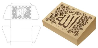 Sloped box with stenciled word GOD in Arabic window die cut template and 3D mockup vector