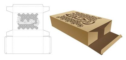 Box with stenciled word MERCY in Arabic die cut template and 3D mockup vector