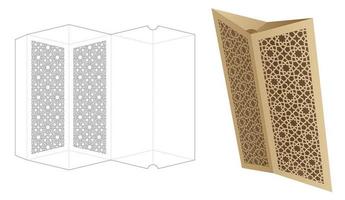 Pillow box with stenciled Arabic pattern die cut template and 3D mockup vector