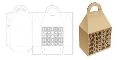 Carrier packaging with stenciled Arabic pattern window die cut template and 3D mockup vector