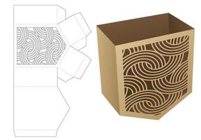 Bottom angle container with stenciled curved pattern die cut template and 3D mockup vector