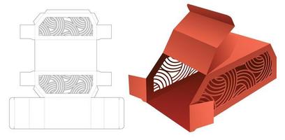 Stenciled curved pattern 2 chamfered box die cut template and 3D mockup vector