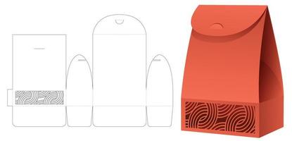Bag box with stenciled curved pattern die cut template and 3D mockup vector