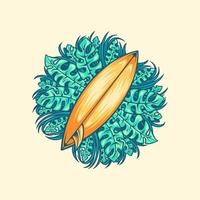 Surf Board And Aesthetics Leaves Illustration vector