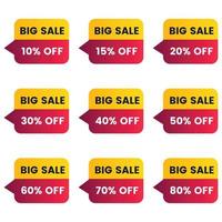 Sale tags set vector badges up to 10 off, 15,20,30,40,50,60,70,80 percent off big sale and discount offer banner design.