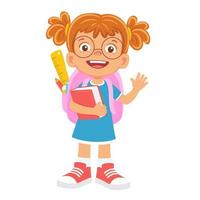 colegiala con una mochila escolar va a la escuela. pequeña colegiala feliz. vector