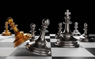 The King in battle chess game stand on chessboard with black isolated background. Concept business strategy, planning and decision.3d rendering. photo