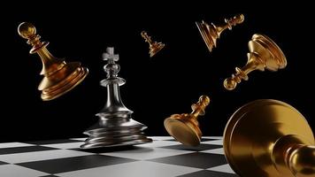 The King in battle chess game stand on chessboard with black isolated background. Concept business photo