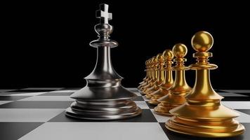 The King in battle chess game stand on chessboard with black isolated background. Concept business photo