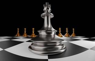 The King in battle chess game stand on chessboard with black isolated background. Concept business photo