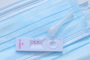 Closeup of a Corona virus disease. Healthcare kit for test COVID-19 Rapid antigen  ,Quick Detection Testing , Comfortable for test at home by self. photo