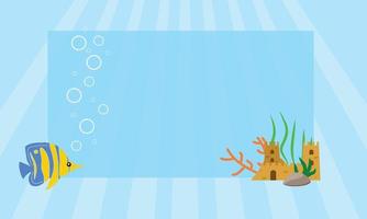 Underwater world with a coral reef, and the silhouette of fish on a blue sea background. Panoramic bright seascape. Vector illustration