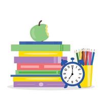 accesorios escolares con manzana, libros y despertador sobre fondo verde. concepto de regreso a la escuela. vector