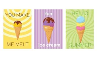 conjunto de tarjetas de verano en diseño de patrones, afiche, plantilla, saludo, tarjetas, helado, polígono, ilustraciones vectoriales vector