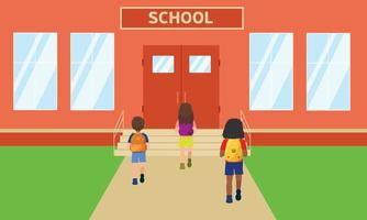 Vector illustration of happy little kid on school building background. back view