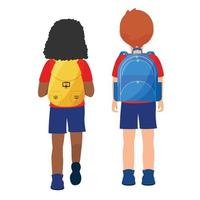 niño y niña de alumnos de raza mixta con mochilas caminando. aislado sobre fondo blanco. vista trasera vector