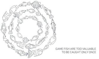 the frame is circular of fish. Vector doodle fish template with a pattern of wavy lines floating in a circle, with an empty space inside for text, a black outline for a label design template, signage