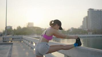 jonge sportieve vrouw die rekoefeningen doet. meisje rust na het sporten buitenshuis. atletische vrouw die zich uitstrekt tegen een boom. fitte sportvrouw die opwarmingsoefeningen doet video