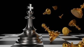 The King in battle chess game stand on chessboard with black isolated background. Concept business photo