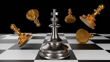 The King in battle chess game stand on chessboard with black isolated background. Concept business photo