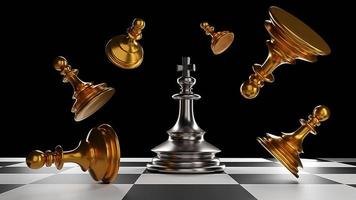 The King in battle chess game stand on chessboard with black isolated background. Concept business photo