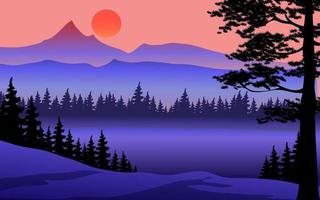 panorama de la puesta de sol de montaña con bosque de niebla