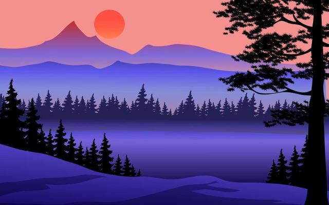 Mountain sunset panorama with foggy forest