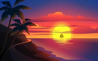 Beach sunset panorama with road and palm trees vector